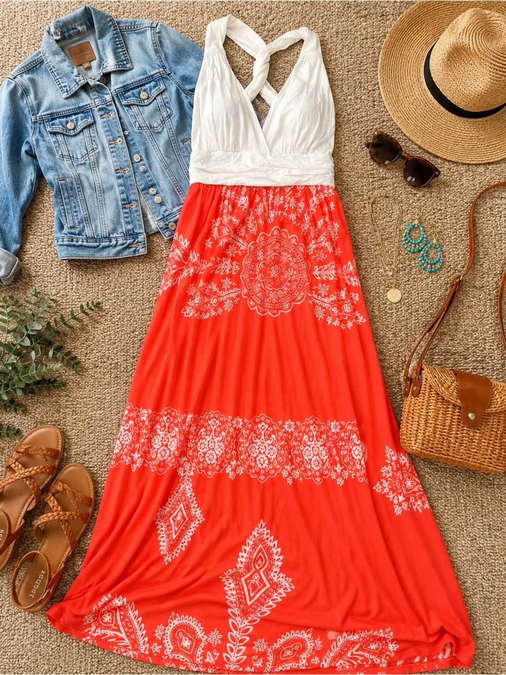 Gilli Coral Boho Maxi Dress Twisted Back Beach Vacation Resort Size Large - Picture 1 of 4